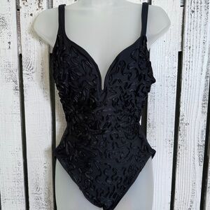 Vintage La Blanca Swimsuit Womens Size 8 Black One Piece Ribbon Detail Bodysuit